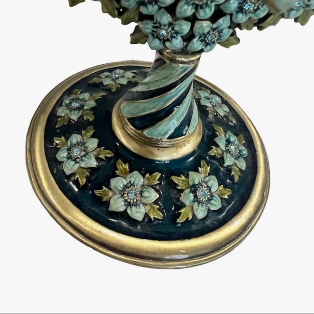 Vintage Brass Oval Vanity Makeup Desk Mirror, Enameled Metal Jeweled Tabletop - Picture 13 of 14